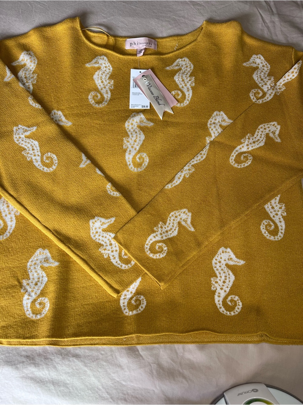 Philosophy Yellow Knit Sweater with White Seahorse Motif Beachlife Soft